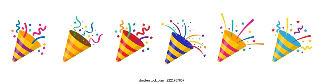 Party popper icons in different colors.Confetti logo,congratulate and celebrate elements.Vector party poppers set.Exploding cracker icon.