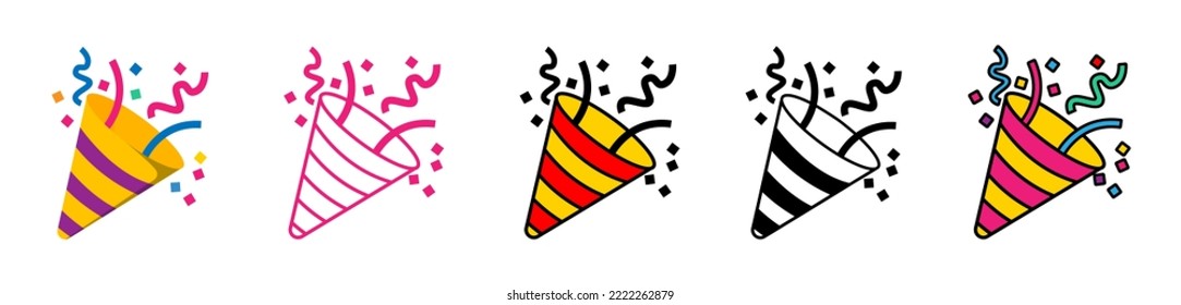 Party popper icons with ribbon and confetti.Congratulate and celebrate elements.Confetti logo.Vector party poppers set.Exploding cracker icon.