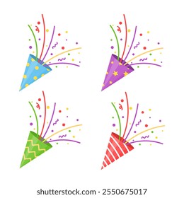 Party popper icons.Confetti logo,congratulate and celebrate elements.Vector party poppers set.