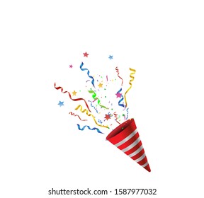 Party popper isolated. Gold, red, purple, blue and green confetti. Vector illustration. Happy birthday concept.