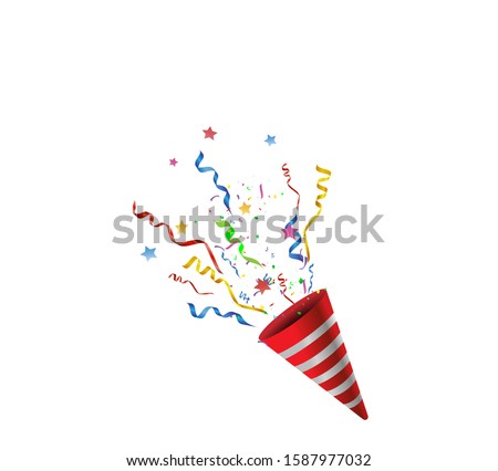 Party popper isolated. Gold, red, purple, blue and green confetti. Vector illustration. Happy birthday concept.