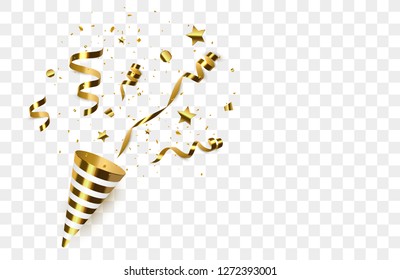  Party popper isolated. Golden confetti. Vector illustration. Happy birthday concept.