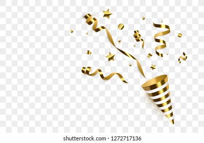  Party popper isolated. Golden confetti. Vector illustration. Happy birthday concept.