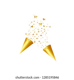 Party popper isolated. Golden confetti. Vector illustration. Happy birthday concept
