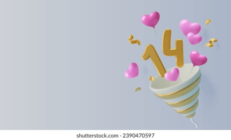 Party popper with number 14, hearts and confetti. 3D February 14 background or Valentine's Day banner with copy space. Realistic three dimensional vector illustration.