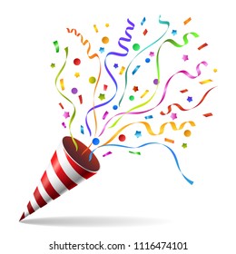 Party popper. Pulling cracker isolated on white background, confetti and streamers pulled party blower for celebration party vector illustration