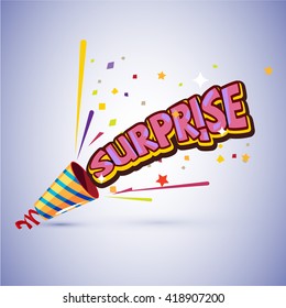 Party Popper With Surprise Typographic Design - Vector Illustration