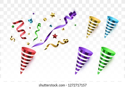 Party popper template. Gold, red, purple, blue and green confetti. Vector illustration. Happy birthday concept.