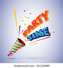 party popper with party typographic design - vector illustration