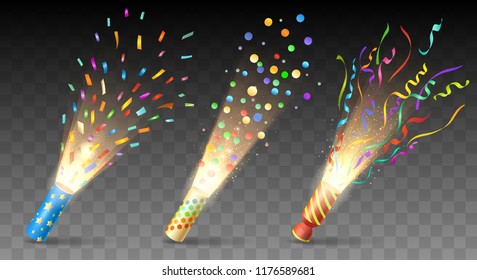 Party poppers. Confetti exploding vector, parties popper set isolated on transparent for festive, birthday or xmas celebration decor