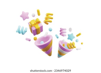 Party poppers or crackers salute, 3D realistic render vector illustration isolated on white background. Party celebration and congratulations 3D icon or symbol.