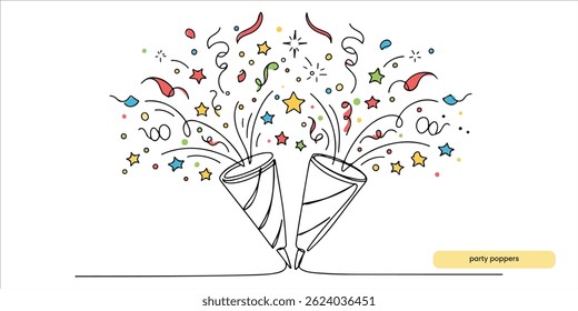 party poppers with flying confetti and stars continuous single line art drawing sketch on white background	