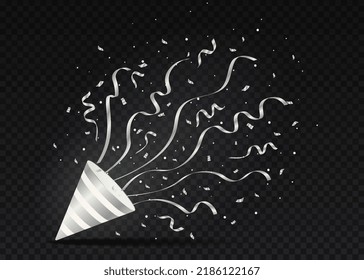 Party poppers silver. Stylish elements for design of page with awarding of winners of lottery or competition, present for buyers and special offer, surprise. Realistic flat vector illustration