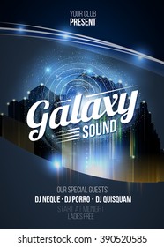 Party poster background. Galaxy sound. Flyer or invitation. Space theme. Vector illustration