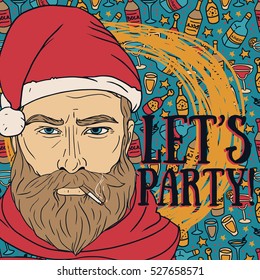 party poster with bad santa and alcohol pattern, vector illustration