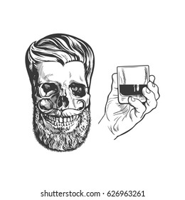 Party poster, banner design elements - skull with hipster beard and mustache, hand holding whiskey drink, isolated sketch vector illustration. Hand drawn hand holding alcohol shot and hipster skull