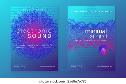 Party Poster. Blue Techno Background. Discotheque Event. Green Night Club Set. Music Electro Element. Psychedelic Audio Illustration. Concert Vector. Pink Party Poster