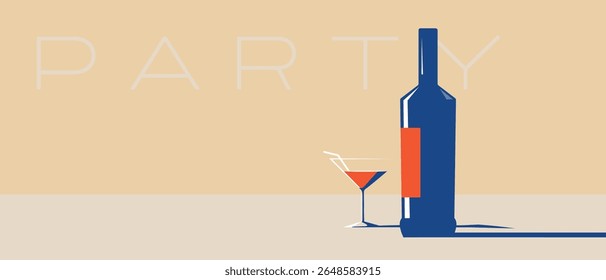 Cartaz de festa, garrafa de álcool e vidro com coquetel, margarita, mertini. Banner do restaurante, feriado da celebração, recreação, sinal da loja de álcool, decoração da cozinha, bebidas, sommelier