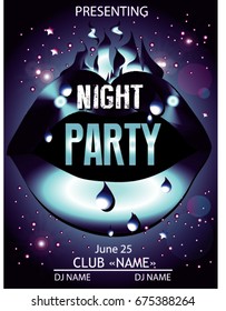 Party poster with color graphic elements, dark background and text