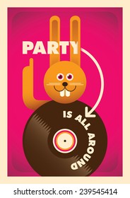 Afiche de la fiesta con conejito de historietas. Ilustración vectorial.
