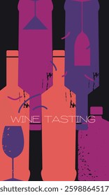 Party poster design, bar menu. Vector illustration wine tasting, bottles, glasses, flat style