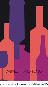 Party poster design, bar menu. Vector illustration wine tasting, bottles, glasses, flat style