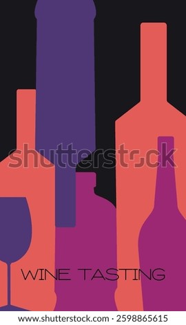 Party poster design, bar menu. Vector illustration wine tasting, bottles, glasses, flat style