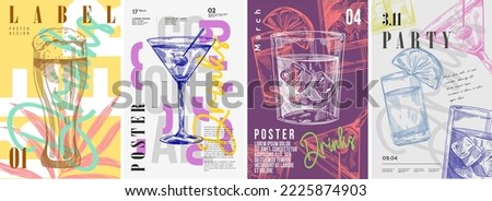 Party poster design. Drinks, Cocktails, Beer. Set of vector illustrations. Typography. Vintage pencil sketch. Engraving style. Labels, cover, t-shirt print, painting.
