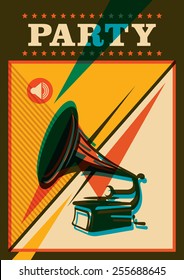 Party poster design with phonograph. Vector illustration.