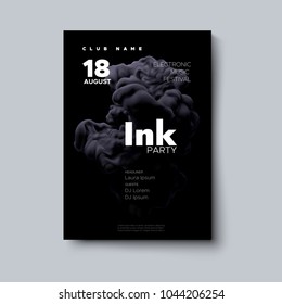 Party poster design. Vector illustration. Cover template with realistic black ink splash swirling in the water. Fluid color shape. Liquid background. Club invitation template. Modern design