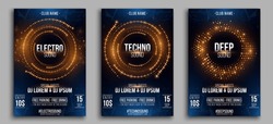 Party Poster Design For Your Musical Event. Futuristic Circles With Glowing Dots. Set Of Music Flyers. Invitation From A Nightclub To A Music Event. Vector Illustration. EPS 10.