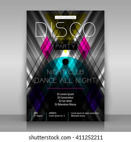 Party poster. Disco flyer. Symmetrical abstraction with geometric shapes. Vector template.