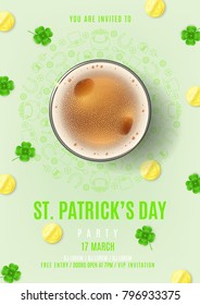 Party Poster for Happy Saint Patrick's Day. Top View on Festive Composition with Beer Glass, Golden Coins and Clover Leaves. Vector Illustration. Invitation to nightclub.