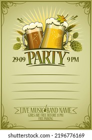 Party poster menu, invitation card of flyer vector design template with two glasses of beer and place for text