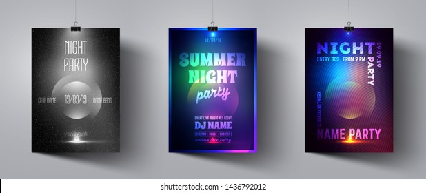 Party poster. Modern advertising concept with purple color. Vector set. Party or festival flyer. Light banner. Banner or backdrop. Vector illustration.