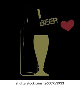 Party poster, pub menu design, bar black background. Vector line art drawing beer bottle, glass, I love beer