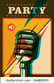 Party poster with retro microphone. Vector illustration.