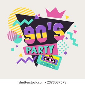 Party poster in retro style. Nineties music, vintage cassette banner and 90s style. Radio invitation card, dance parties promotion poster vector background illustration