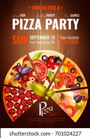 Party poster with slices of different pizza types on wooden background with editable title and date vector illustration