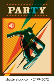 Party poster with snowboarder. Vector illustration.