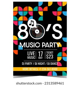 Party poster for techno retro music event. Vector illustration of 80's retro style design template with vinyl record suitable for live music disco dance night invitation, promotion banner or flyer.