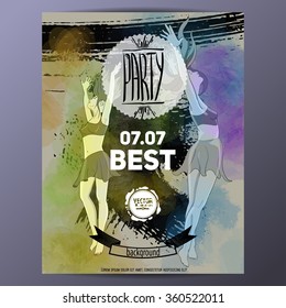 Party poster  template. Abstract paint grunge background. Dancing people