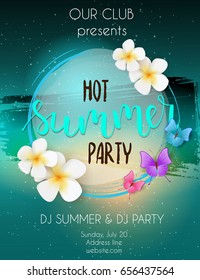 Party poster template. Hot summer party handwritten lettering text. With frame with tropical flowers, butterflies. Travel leisure concept. 