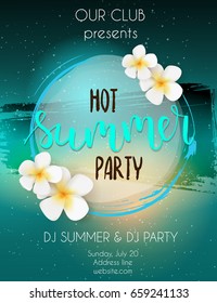 Party poster template. Hot summer party handwritten lettering text. Frame with tropical flowers. Travel leisure concept. Bright colored.