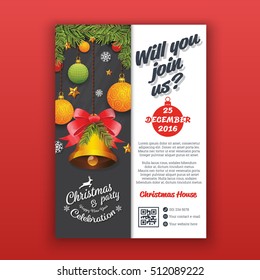 Party poster template with realistic balls and bell for Christmas and happy new year 2017.Vertical Christmas party invitation template for print. A4 Layout vector illustration
