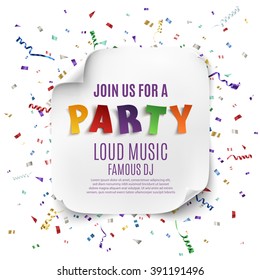 Party poster template with realistic curved banner on celebration background with colorful confetti and ribbons . Vector illustration.