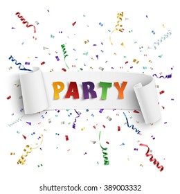 Party poster template with realistic white curved ribbon, on celebration background with colorful confetti and ribbons . Vector illustration.