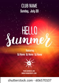Party poster template for summer night party. Hello Summer calligraphic message. Vector illustration.
