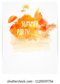 Party poster template for summer party. Orange colored with watercolor imitation design. Template for party poster without text.
