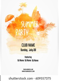 Party poster template for summer party. Orange colored with watercolor imitation design. Vector illustration.